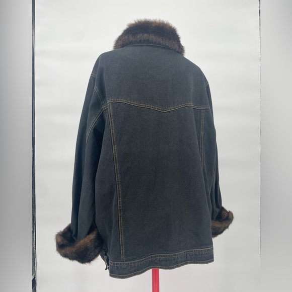 Dennis Basso (Faux) Fur Trimmed Dark Wash Denim Jacket Plus Size - Picture 13 of 16